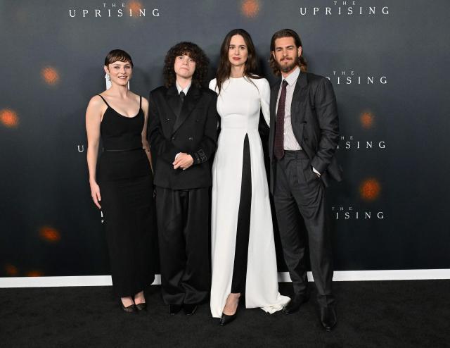 Thomasin McKenzie, Woody Norman, Katherine Waterston and Andrew Garfield attend "The Uprising" premiere at the Directors Guild of America Theater in Los Angeles on September 2, 2026. (Photo by LISA O'CONNOR / AFP)