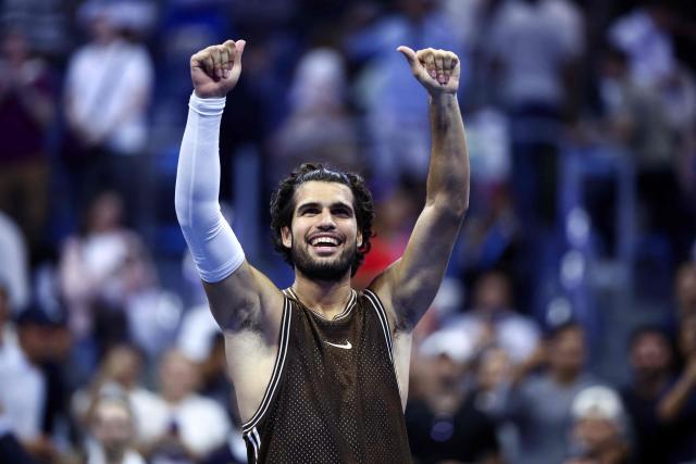 Spain's Carlos Alcaraz celebrates after victory during the men's singles second round tennis match against Portugal's Jaime Faria on day four of the US Open tennis tournament at the USTA Billie Jean King National Tennis Center in New York City on September 2, 2026. (Photo by CHARLY TRIBALLEAU / AFP)