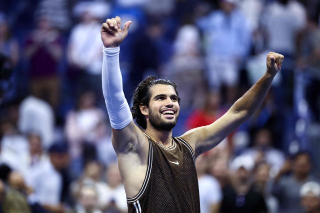 Spain's Carlos Alcaraz celebrates after victory during the men's singles second round tennis match against Portugal's Jaime Faria on day four of the US Open tennis tournament at the USTA Billie Jean King National Tennis Center in New York City on September 2, 2026. (Photo by CHARLY TRIBALLEAU / AFP)