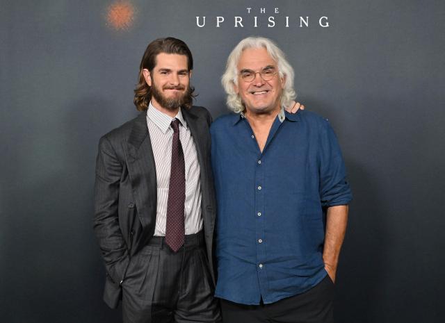 British-US actor Andrew Garfield and British director Paul Greengrass attend "The Uprising" premiere at the Directors Guild of America Theater in Los Angeles on September 2, 2026. (Photo by LISA O'CONNOR / AFP)