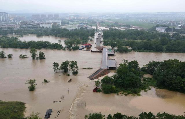 This aerial photo shows flood in Qianchuan, China's Central Jiangxi province on September 2, 2026. (Photo by CN-STR / AFP) / China OUT