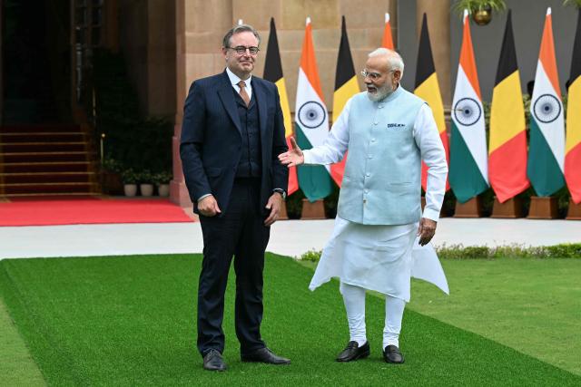 Indian Prime Minister Narendra Modi shakes hands with his Belgian counterpart Bart De Wever at the Hyderabad House in New Delhi on September 3, 2026. (Photo by Sajjad HUSSAIN / AFP)
