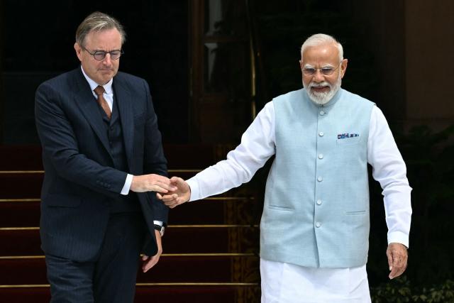 Belgian Prime Minister Bart De Wever shakes hands with his Indian counterpart Narendra Modi at the Hyderabad House in New Delhi on September 3, 2026. (Photo by Sajjad HUSSAIN / AFP)