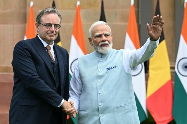 Belgian Prime Minister Bart De Wever shakes hands with his Indian counterpart Narendra Modi at the Hyderabad House in New Delhi on September 3, 2026. (Photo by Sajjad HUSSAIN / AFP)