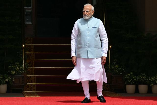 Indian Prime Minister Narendra Modi waits to receive his Belgian counterpart Bart De Wever at the Hyderabad House in New Delhi on September 3, 2026. (Photo by Sajjad HUSSAIN / AFP)