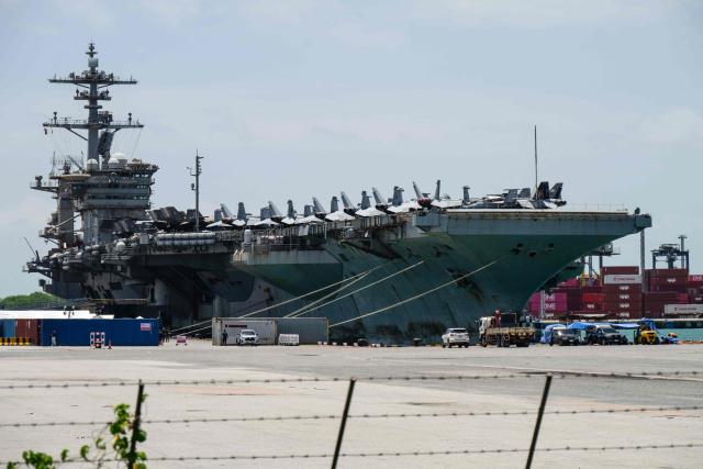 US nuclear-powered aircraft carrier USS Abraham Lincoln (CVN-72) is seen docked at Laem Chabang Port, near the city of Pattaya on September 3, 2026.  (Photo by ANTHONY WALLACE / AFP)