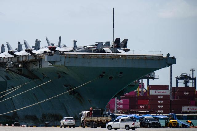 US nuclear-powered aircraft carrier USS Abraham Lincoln (CVN-72) is seen docked at Laem Chabang Port, near the city of Pattaya on September 3, 2026.  (Photo by ANTHONY WALLACE / AFP)