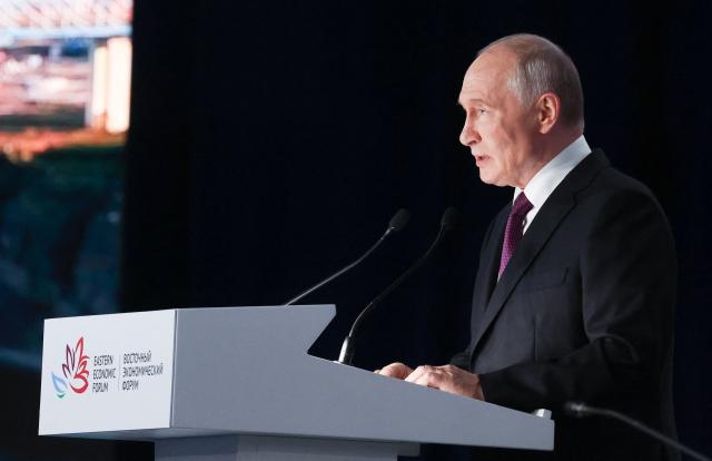 In this pool photograph distributed by the Russian state agency Sputnik, Russia's President Vladimir Putin gives a speech at the Eastern Economic Forum in Vladivostok on September 3, 2026. (Photo by Vyacheslav PROKOFYEV / POOL / AFP)