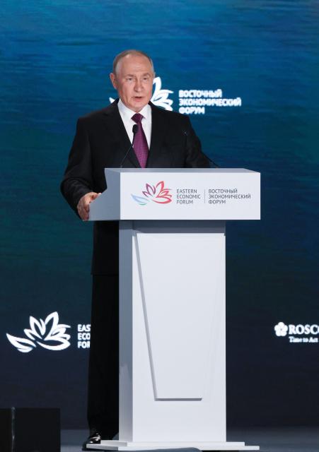 In this pool photograph distributed by the Russian state agency Sputnik, Russia's President Vladimir Putin gives a speech at the Eastern Economic Forum in Vladivostok on September 3, 2026. (Photo by Vyacheslav PROKOFYEV / POOL / AFP)