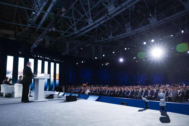 In this pool photograph distributed by the Russian state agency Sputnik, Russia's President Vladimir Putin gives a speech at the Eastern Economic Forum in Vladivostok on September 3, 2026. (Photo by Vyacheslav PROKOFYEV / POOL / AFP)