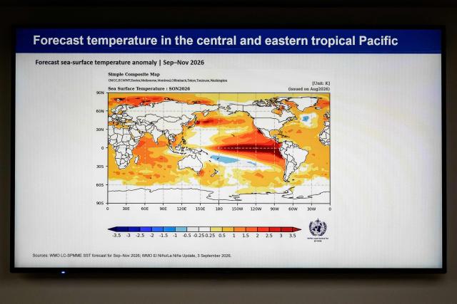 This photograph shows presentation slide displayed during a press conference on El Nino update by the World Meteorological Organization (WMO), in Geneva on September 3, 2026. El Nino is set to become "very strong" in the months ahead, with the weather phenomenon near certain to persist through to February, the United Nations' climate agency warned. (Photo by Fabrice COFFRINI / AFP)