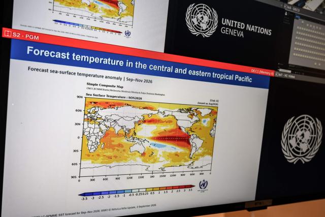 This photograph shows presentation slide displayed during a press conference on El Nino update by the World Meteorological Organization (WMO), in Geneva on September 3, 2026. El Nino is set to become "very strong" in the months ahead, with the weather phenomenon near certain to persist through to February, the United Nations' climate agency warned. (Photo by Fabrice COFFRINI / AFP)