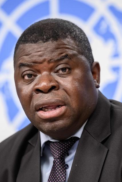 World Meteorological Organization (WMO) Chief of climate prediction section Wilfran Moufouma-Okia speaks during a press conference on El Nino update, in Geneva on September 3, 2026. El Nino is set to become "very strong" in the months ahead, with the weather phenomenon near certain to persist through to February, the United Nations' climate agency warned. (Photo by Fabrice COFFRINI / AFP)