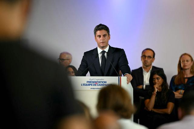 General Secretary of French centrist party Renaissance and upcoming presidential election candidate Gabriel Attal speaks during a press conference to present his campaign team at the Renaissance headquarters in Paris on September 3, 2026. (Photo by LOU BENOIST / AFP)