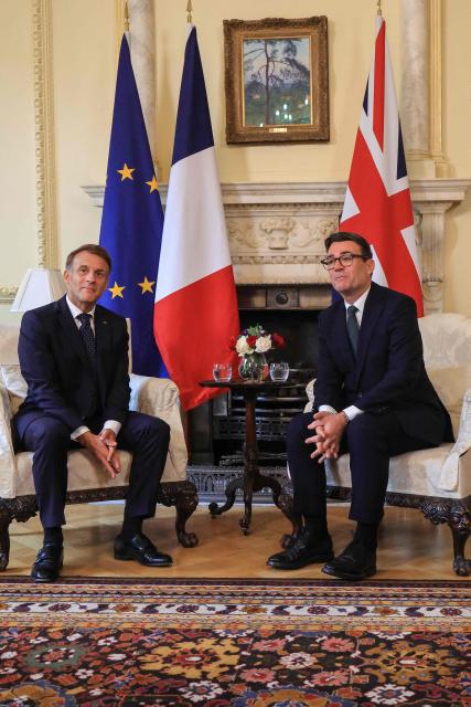 Britain's Prime Minister Andy Burnham (R) meets with France's President Emmanuel Macron for bilateral talks at 10 Downing Street in central London on September 3, 2026. (Photo by Ludovic MARIN / AFP)