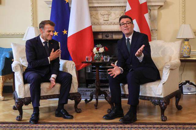 Britain's Prime Minister Andy Burnham (R) meets with France's President Emmanuel Macron for bilateral talks at 10 Downing Street in central London on September 3, 2026. (Photo by Ludovic MARIN / AFP)