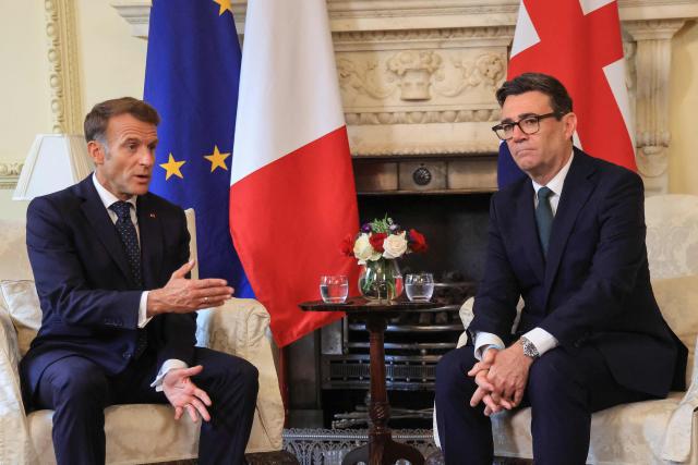 Britain's Prime Minister Andy Burnham (R) meets with France's President Emmanuel Macron for bilateral talks at 10 Downing Street in central London on September 3, 2026. (Photo by Ludovic MARIN / AFP)
