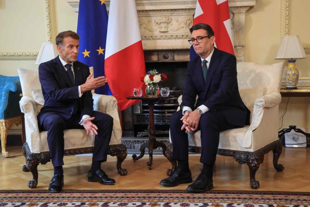 Britain's Prime Minister Andy Burnham (R) meets with France's President Emmanuel Macron for bilateral talks at 10 Downing Street in central London on September 3, 2026. (Photo by Ludovic MARIN / AFP)