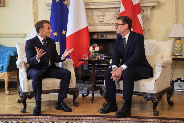Britain's Prime Minister Andy Burnham (R) meets with France's President Emmanuel Macron for bilateral talks at 10 Downing Street in central London on September 3, 2026. (Photo by Ludovic MARIN / AFP)