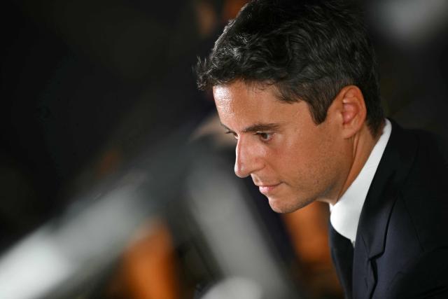 General Secretary of French centrist party Renaissance and upcoming presidential election candidate Gabriel Attal speaks during a press conference to present his campaign team at the Renaissance headquarters in Paris on September 3, 2026. (Photo by LOU BENOIST / AFP)