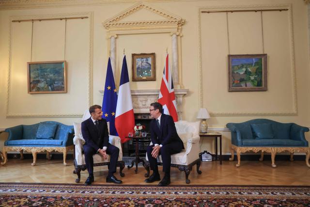 Britain's Prime Minister Andy Burnham (R) meets with France's President Emmanuel Macron for bilateral talks at 10 Downing Street in central London on September 3, 2026. (Photo by Ludovic MARIN / AFP)