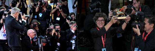 (COMBO) This combination of pictures created on September 3, 2026 shows (L) US actor and filmmaker George Clooney taking a picture of AFP photographer Tiziana Fabi after he swapped his Golden Lion for Lifetime Achievement with Fabi's camera on the red carpet (L); and (R) the result of Clooney's photograph showing AFP photographer Tiziana Fabi posing with Clooney's Golden Lion for Lifetime Achievement, after the opening ceremony of the 83rd International Venice Film Festival on September 2, 2026 at Venice Lido. George Clooney handed his lifetime achievement award to AFP photographer Tiziana Fabi and took a turn with her camera in a humorous exchange at the Venice film festival. After receiving the Golden Lion on September 2, 2026, the US star posed in front of a crowd of photographers with his actress friend Laura Dern on the red carpet. (Photo by ANDREA PATTARO and George CLOONEY / AFP)