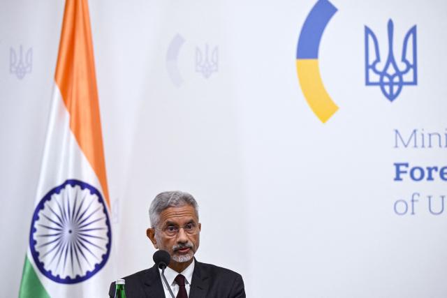 India's External Affairs Minister Subrahmanyam  Jaishankar holds a joint press conference with Ukraine's Foreign Affairs minister following their meeting in Kyiv on August 3, 2026, amid the Russian invasion of Ukraine. (Photo by Genya SAVILOV / AFP)