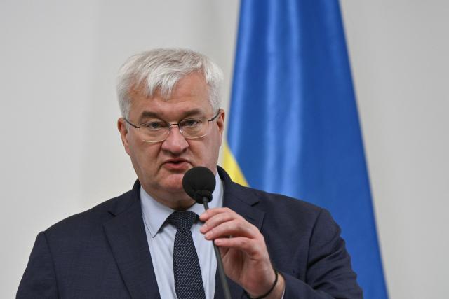 Ukraine's Foreign Affairs Minister Andrii Sybiha attends joint press conference with India's External Affairs minister following their meeting in Kyiv on August 3, 2026, amid the Russian invasion of Ukraine. (Photo by Genya SAVILOV / AFP)