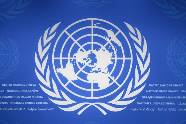 This photograph shows a logo of the United Nations (UN) at their offices in Geneva, on September 3, 2026. (Photo by Fabrice COFFRINI / AFP)