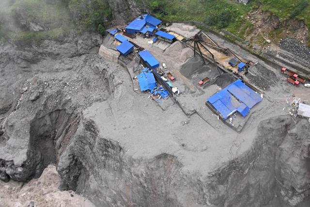 An aerial view shows a quarry in the aftermath of flash floods in Nepal's Rasuwa district on September 3, 2026. More than 1,200 people have been killed and nearly 5,000 are missing on both sides of the China-Nepal border since the catastrophic glacial mountain collapse on August 26, according to tolls by both nations on September 3. (Photo by Prakash MATHEMA / AFP)