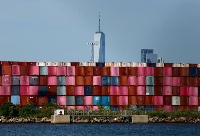 (FILES) Shipping containers are seen at Port Liberty, in Bayonne, New Jersey on July 24, 2026. The US trade deficit in July 2026 widened to its largest since March 2025, government data showed on September 3, 2026, as imports climbed on the back of the booming AI tech build-out. US trade has seen wide fluctuations since President Donald Trump returned to the White House last year and rolled out sweeping tariffs on allies and competitors, in efforts to narrow the trade gap. (Photo by Kena Betancur / AFP)