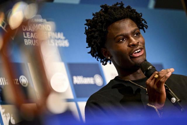 US' athlete Ja'KobeTharp holds a press conference ahead of the 50th edition of the Memorial Van Damme athletics event in Brussels, on September 3, 2026. The 2026 Allianz Memorial Van Damme Diamond League meeting takes place on 4 and 5 September 2026. (Photo by DIRK WAEM / Belga / AFP) / Belgium OUT