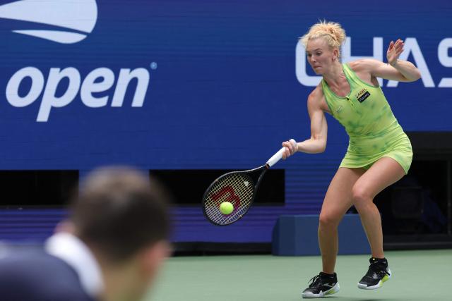 Czech Republic's Katerina Siniakova hits a return to Japan's Naomi Osaka during their women's singles second round tennis match on day five of the US Open tennis tournament at the USTA Billie Jean King National Tennis Center in New York on September 3, 2026. (Photo by KENA BETANCUR / AFP)