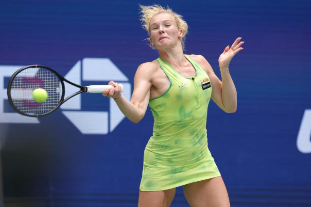 Czech Republic's Katerina Siniakova hits a return to Japan's Naomi Osaka during their women's singles second round tennis match on day five of the US Open tennis tournament at the USTA Billie Jean King National Tennis Center in New York on September 3, 2026. (Photo by KENA BETANCUR / AFP)