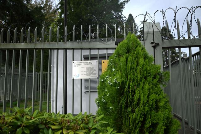 The entrance of the Russian consulate general is pictured in Bonn-Bad Godesberg, Germany, on September 3, 2026. German media reported on September 2, 2026 that police have identified two Russian suspects linked to an attempted "hybrid attack" involving an explosive-laden drone at a strategic airport last month. The German government on September 1, 2026 blamed Russia for the Leipzig airport incident, saying it employed "low-level agents", and announced measures including the shuttering of the Russian consulate in Bonn and a Russian cultural centre in Berlin. (Photo by Ina FASSBENDER / AFP)