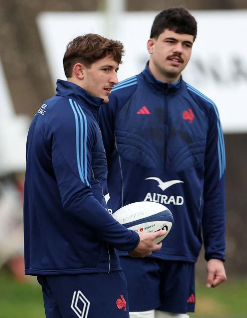 (FILES) France's flanker Oscar Jegou (L) and France's lock Hugo Auradou take part in a training session in Marcoussis, south of Paris, on January 26, 2025, as part of the preparation for the 6 Nations Rugby Union tournament match between France and Wales. A top Argentine provincial court on September 3, 2026, dismissed rape charges against French rugby players Oscar Jegou and Hugo Auradou, following the lead of two lower courts, a lawyer for the men's accuser told AFP. (Photo by FRANCK FIFE / AFP)
