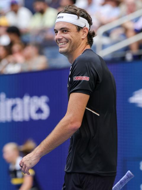 USA's Taylor Fritz reacts during his men's singles second round tennis match against Italy's Mattia Bellucci on day five of the US Open tennis tournament at the USTA Billie Jean King National Tennis Center in New York City on September 3, 2026. (Photo by KENA BETANCUR / AFP)