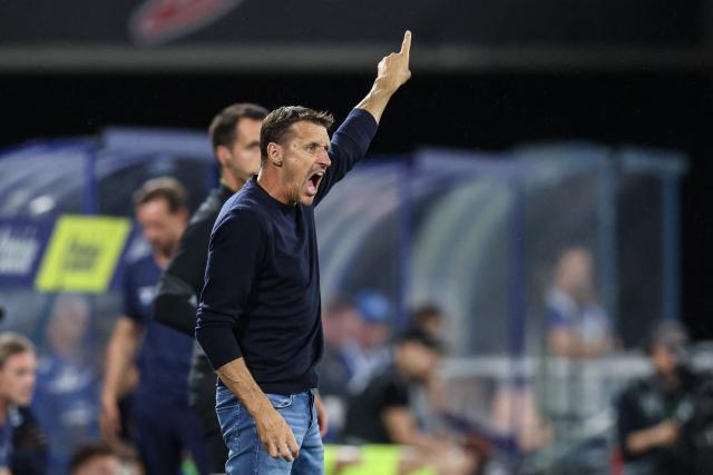 OHL's head coach Timmy Simons gestures during the Belgian Pro League football match between KAA Gent and Oud-Heverlee Leuven, in Gent on September 3, 2026. (Photo by BRUNO FAHY / Belga / AFP) / Belgium OUT