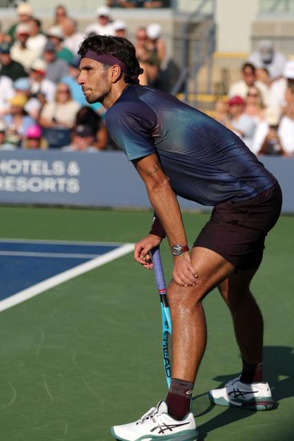 Italy's Lorenzo Musetti reacts during his men's singles second round tennis match against Australia's Dane Sweeny on day five of the US Open tennis tournament at the USTA Billie Jean King National Tennis Center in New York City on September 3, 2026. (Photo by KENA BETANCUR / AFP)