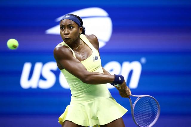 USA's Coco Gauff his a backhand return during the women's singles second round tennis match against Spain's Paula Badosa on day five of the US Open tennis tournament at the USTA Billie Jean King National Tennis Center in New York City on September 3, 2026. (Photo by CHARLY TRIBALLEAU / AFP)