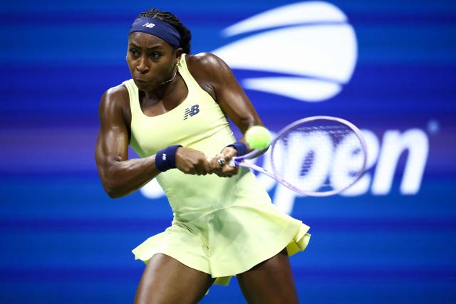 USA's Coco Gauff his a backhand return during the women's singles second round tennis match against Spain's Paula Badosa on day five of the US Open tennis tournament at the USTA Billie Jean King National Tennis Center in New York City on September 3, 2026. (Photo by CHARLY TRIBALLEAU / AFP)
