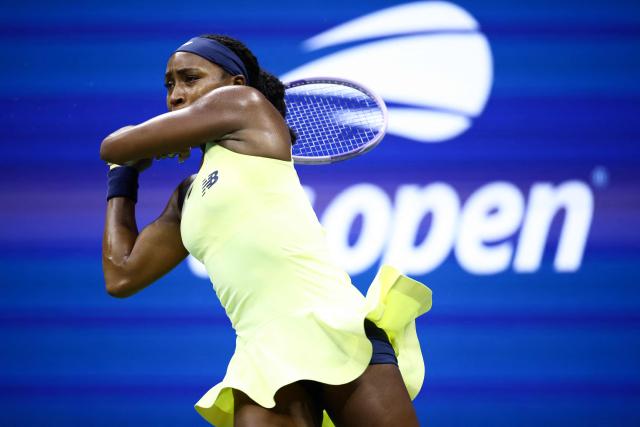 USA's Coco Gauff his a backhand return during the women's singles second round tennis match against Spain's Paula Badosa on day five of the US Open tennis tournament at the USTA Billie Jean King National Tennis Center in New York City on September 3, 2026. (Photo by CHARLY TRIBALLEAU / AFP)