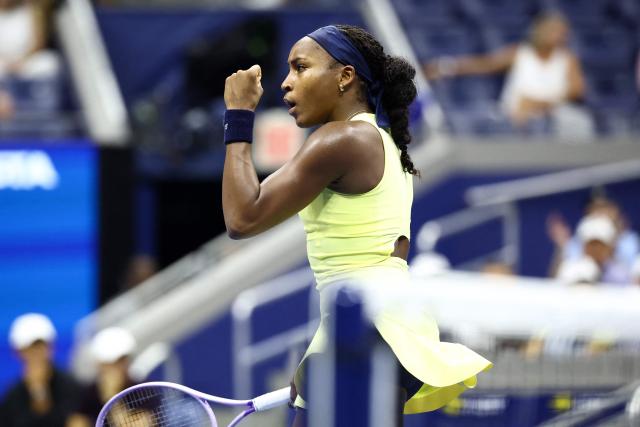 USA's Coco Gauff celebrates after winning the first set during the women's singles second round tennis match against Spain's Paula Badosa on day five of the US Open tennis tournament at the USTA Billie Jean King National Tennis Center in New York City on September 3, 2026. (Photo by CHARLY TRIBALLEAU / AFP)