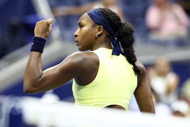 USA's Coco Gauff celebrates after winning the first set during the women's singles second round tennis match against Spain's Paula Badosa on day five of the US Open tennis tournament at the USTA Billie Jean King National Tennis Center in New York City on September 3, 2026. (Photo by CHARLY TRIBALLEAU / AFP)