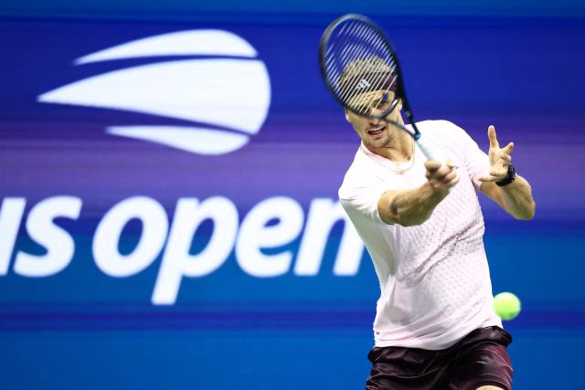 Germany's Alexander Zverev hits a return during the men's singles second round tennis match against France's Quentin Halys on day five of the US Open tennis tournament at the USTA Billie Jean King National Tennis Center in New York City on September 3, 2026. (Photo by CHARLY TRIBALLEAU / AFP)
