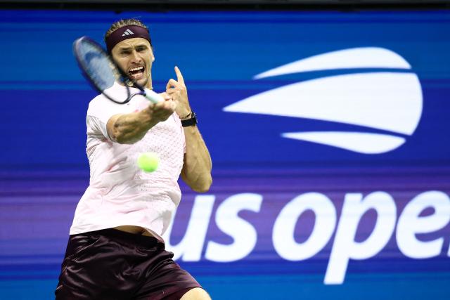 Germany's Alexander Zverev hits a return during the men's singles second round tennis match against France's Quentin Halys on day five of the US Open tennis tournament at the USTA Billie Jean King National Tennis Center in New York City on September 3, 2026. (Photo by CHARLY TRIBALLEAU / AFP)