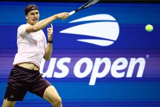 Germany's Alexander Zverev hits a return during the men's singles second round tennis match against France's Quentin Halys on day five of the US Open tennis tournament at the USTA Billie Jean King National Tennis Center in New York City on September 3, 2026. (Photo by CHARLY TRIBALLEAU / AFP)