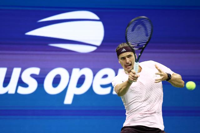 Germany's Alexander Zverev hits a return during the men's singles second round tennis match against France's Quentin Halys on day five of the US Open tennis tournament at the USTA Billie Jean King National Tennis Center in New York City on September 3, 2026. (Photo by CHARLY TRIBALLEAU / AFP)