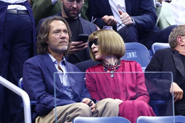 Lance LePere and British fashion editor Anna Wintour watch the men's singles second round tennis match between Germany's Alexander Zverev and France's Quentin Halys on day five of the US Open tennis tournament at the USTA Billie Jean King National Tennis Center in New York City on September 3, 2026. (Photo by CHARLY TRIBALLEAU / AFP)