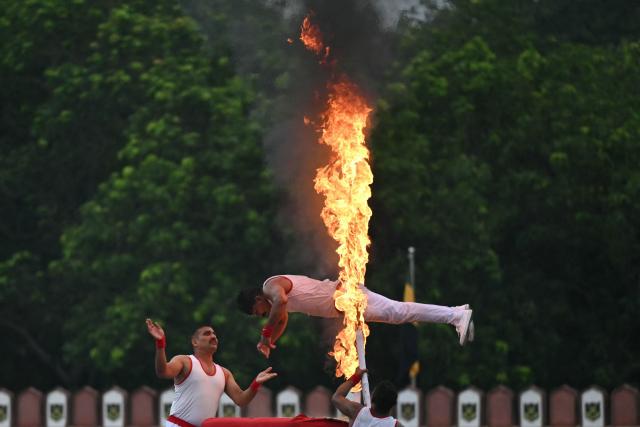 Indian army cadets perform gymnastics during a military rehearsal ahead of a graduation ceremony at the Officers Training Academy in Chennai on September 4, 2026. (Photo by R.Satish BABU / AFP)